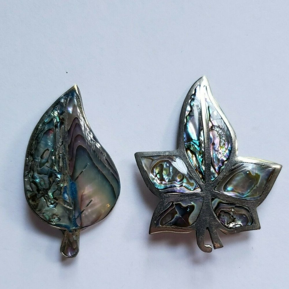 Abalone Shell Alpaca Brooch Lot Leaf Silver Tone Pins / Pendant